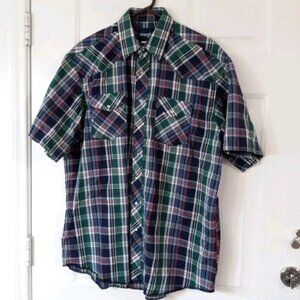 Vtg Wrangler Men's XL Western Shirt Blue & Green Plaid Pearl Snaps Short Sleeve